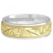 Men's Christian Leaf and Cross Wedding Band 18k Two Tone Gold (7mm)