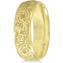 Hand-Engraved Flower Wedding Ring Wide Band 14k Yellow Gold (7mm)