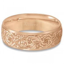 Hand-Engraved Flower Wedding Ring Wide Band 18k Rose Gold (7mm)