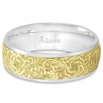 Hand-Engraved Flower Wedding Ring Wide Band 18k Two Tone Gold (7mm)