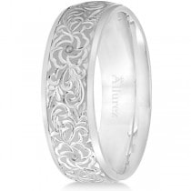 Hand-Engraved Flower Wedding Ring Wide Band 18k White Gold (7mm)