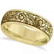 Fancy Hand-Engraved Flower Design Wedding Band in 14k Yellow Gold
