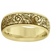 Fancy Hand-Engraved Flower Design Wedding Band in 14k Yellow Gold