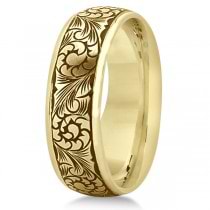 Fancy Hand-Engraved Flower Design Wedding Band in 18k Yellow Gold