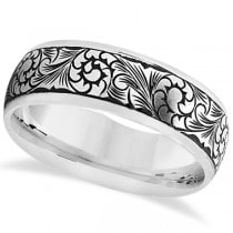 Fancy Hand-Engraved Flower Design Wedding Band in Platinum