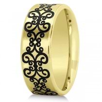 Unisex Floral Design Wedding Band in Plain Metal 14k Yellow Gold 8mm