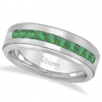 Men's Channel Set Emerald Ring Wedding Band in Platinum (0.25ct)