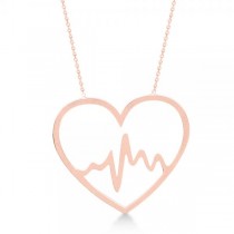 Heartbeat in Heart Pendant Chain Necklace Plain Metal 14k Rose Gold