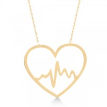 Heartbeat in Heart Pendant Chain Necklace Plain Metal 14k Yellow Gold