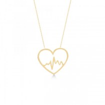Heartbeat in Heart Pendant Chain Necklace Plain Metal 14k Yellow Gold