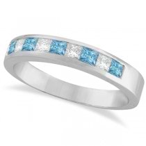 Princess Channel-Set Diamond & Aquamarine Ring Band 14K White Gold - IR840