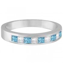 Princess Channel-Set Diamond & Aquamarine Ring Band 14K White Gold
