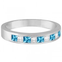 Princess Channel-Set Diamond & Blue Topaz Ring Band 14K White Gold