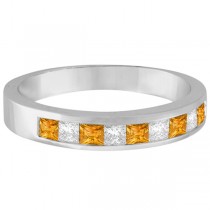 Princess Channel-Set Diamond & Citrine Ring Band 14K White Gold