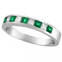 Princess-Cut Diamond & Emerald Ring Band 14k White Gold (0.73ct)