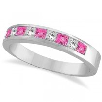 Princess Channel-Set Diamond & Pink Sapphire Ring Band 14k White Gold