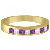 Princess Channel-Set Diamond & Amethyst Ring Band 14K Yellow Gold