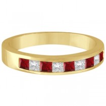Princess-Cut Channel-Set Diamond & Ruby Ring Band 14k Yellow Gold