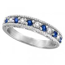 Diamond & Blue Sapphire Ring Filigree Milgrain Band Palladium (0.59ct)