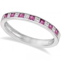 Princess Cut Diamond & Pink Sapphire Ring Band 14k White Gold (0.60ct)