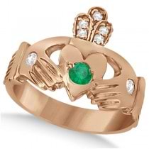 Diamond & Green Emerald Ring Claddagh Irish 14k Rose Gold (0.35ct)