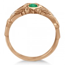 Diamond & Green Emerald Ring Claddagh Irish 14k Rose Gold (0.35ct)