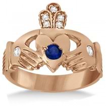 Irish Heart Diamond & Sapphire Claddgh Ring 14k Rose Gold (0.35ct)