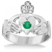 Diamond & Green Emerald Ring Claddagh Irish 14k White Gold (0.35ct)