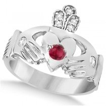 Irish Heart Crown Claddagh Ruby & Diamond Ring 14k White Gold (0.35ct)