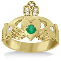 Diamond & Green Emerald Ring Claddagh Irish 14k Yellow Gold (0.35ct)
