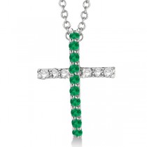 Emerald & Diamond Cross Pendant Necklace 14k White Gold (0.25ct)