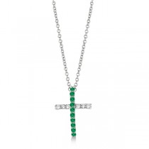 Emerald & Diamond Cross Pendant Necklace 14k White Gold (0.25ct)