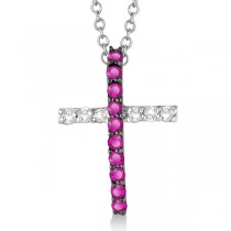 Pink Sapphire & Diamond Cross Pendant Necklace 14k White Gold (0.25ct)