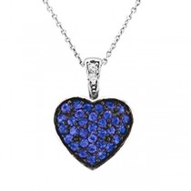 Diamond & Sapphire Puffed Heart Pendant Necklace 14k White Gold