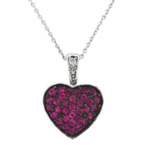 Diamond & Pink Sapphire Puffed Heart Pendant in 14k White Gold