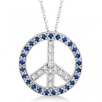 Diamond & Blue Sapphire Peace Pendant Necklace 14k White Gold 0.92ct