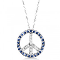 Diamond & Blue Sapphire Peace Pendant Necklace 14k White Gold 0.92ct