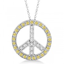 Yellow Diamond Peace Sign Pendant Necklace 14k White Gold 0.50ct