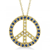 Diamond & Blue Sapphire Peace Pendant Necklace 14k Yellow Gold 0.92ct