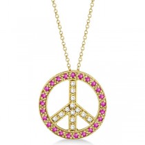Diamond & Pink Sapphire Peace Pendant Necklace 14k Yellow Gold 0.92ct