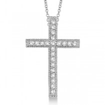 Diamond Cross Pendant Necklace Milgrain Edged 14k White Gold (0.33ct)