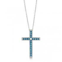 Blue & White Diamond Cross Pendant Necklace 14k White Gold (0.33ct)