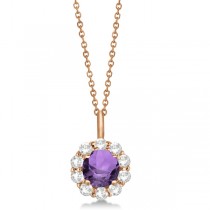 Halo Diamond and Amethyst Lady Di Pendant Necklace 14K Rose Gold (1.69ct)