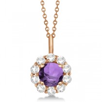 Halo Diamond and Amethyst Lady Di Pendant Necklace 18k Rose Gold (1.69ct)