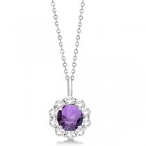 Halo Diamond and Amethyst Lady Di Pendant Necklace 18k White Gold (1.69ct)