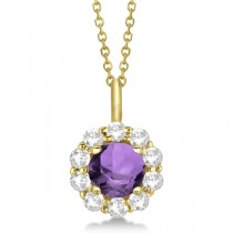 Halo Diamond and Amethyst Lady Di Pendant Necklace 18k Yellow Gold (1.69ct)