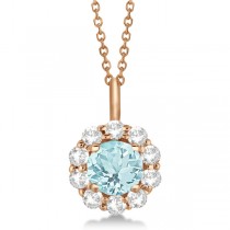 Halo Diamond and Aquamarine Lady Di Pendant Necklace 14K Rose Gold (1.69ct)
