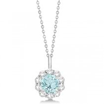 Halo Diamond and Aquamarine Lady Di Pendant Necklace 14K White Gold (1.69ct)