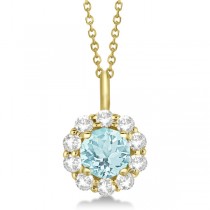 Halo Diamond and Aquamarine Lady Di Pendant Necklace 14K Yellow Gold (1.69ct)