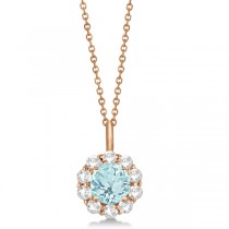 Halo Diamond and Aquamarine Lady Di Pendant Necklace 18k Rose Gold (1.69ct)